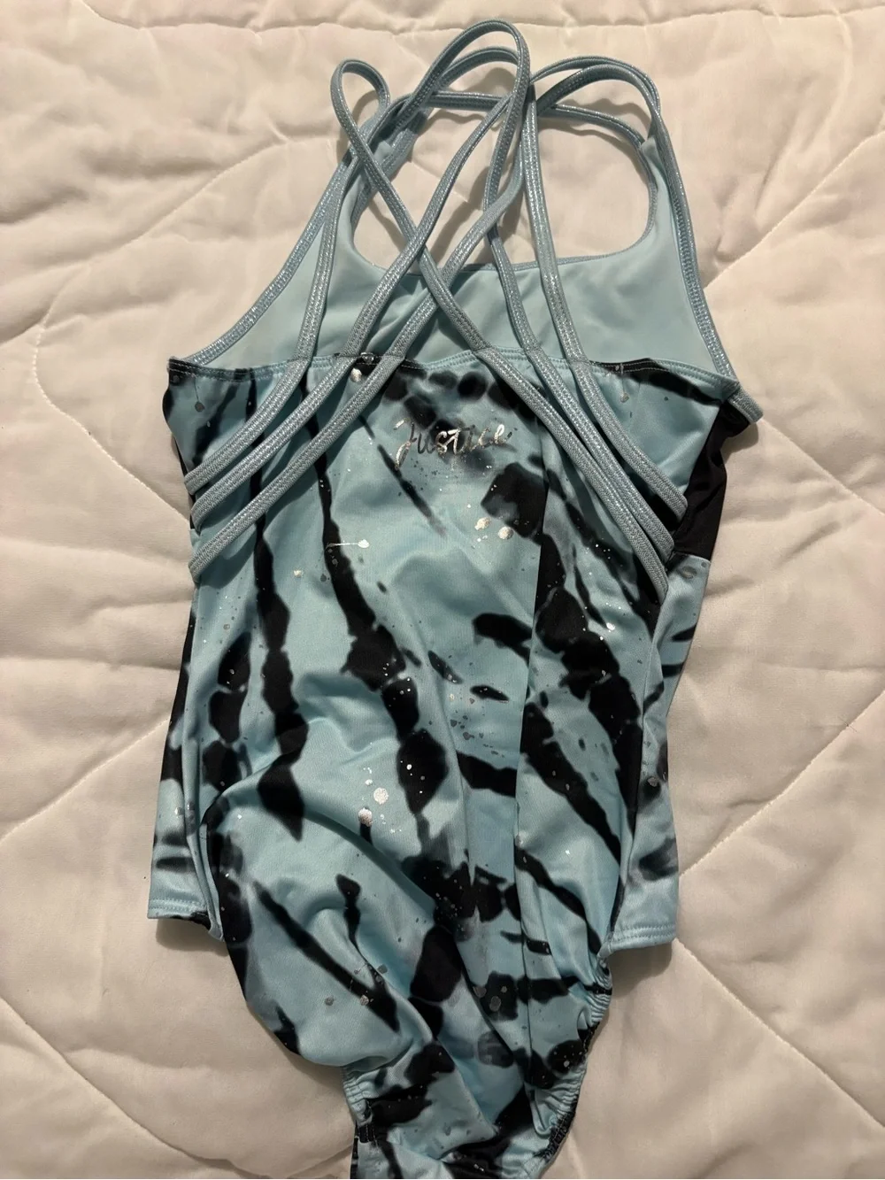 Justice Shimmery Light Blue & Black Tie-Dye Dance Leotard
